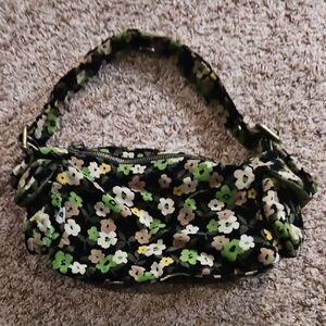 GAP 2004 Black and Green Velvet Floral Shoulder Bag